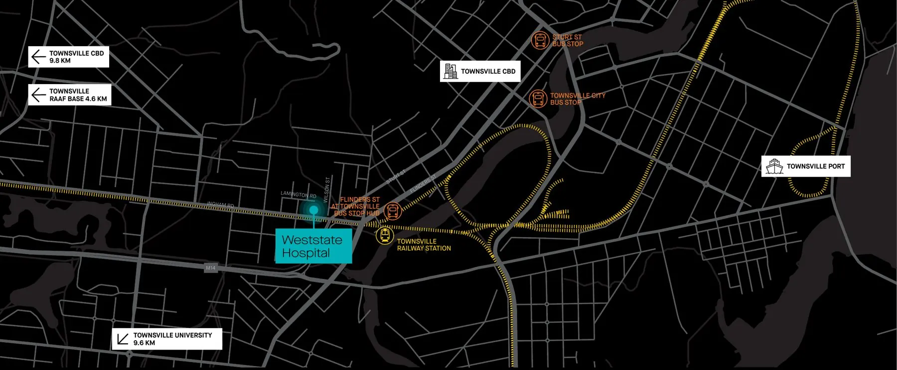 Location map showing Weststate Hospital in West End relative to Townsville CBD and nearby amenities